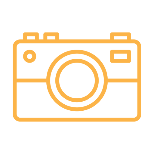 Icon of a camera with a simple outline design in orange against a black background.