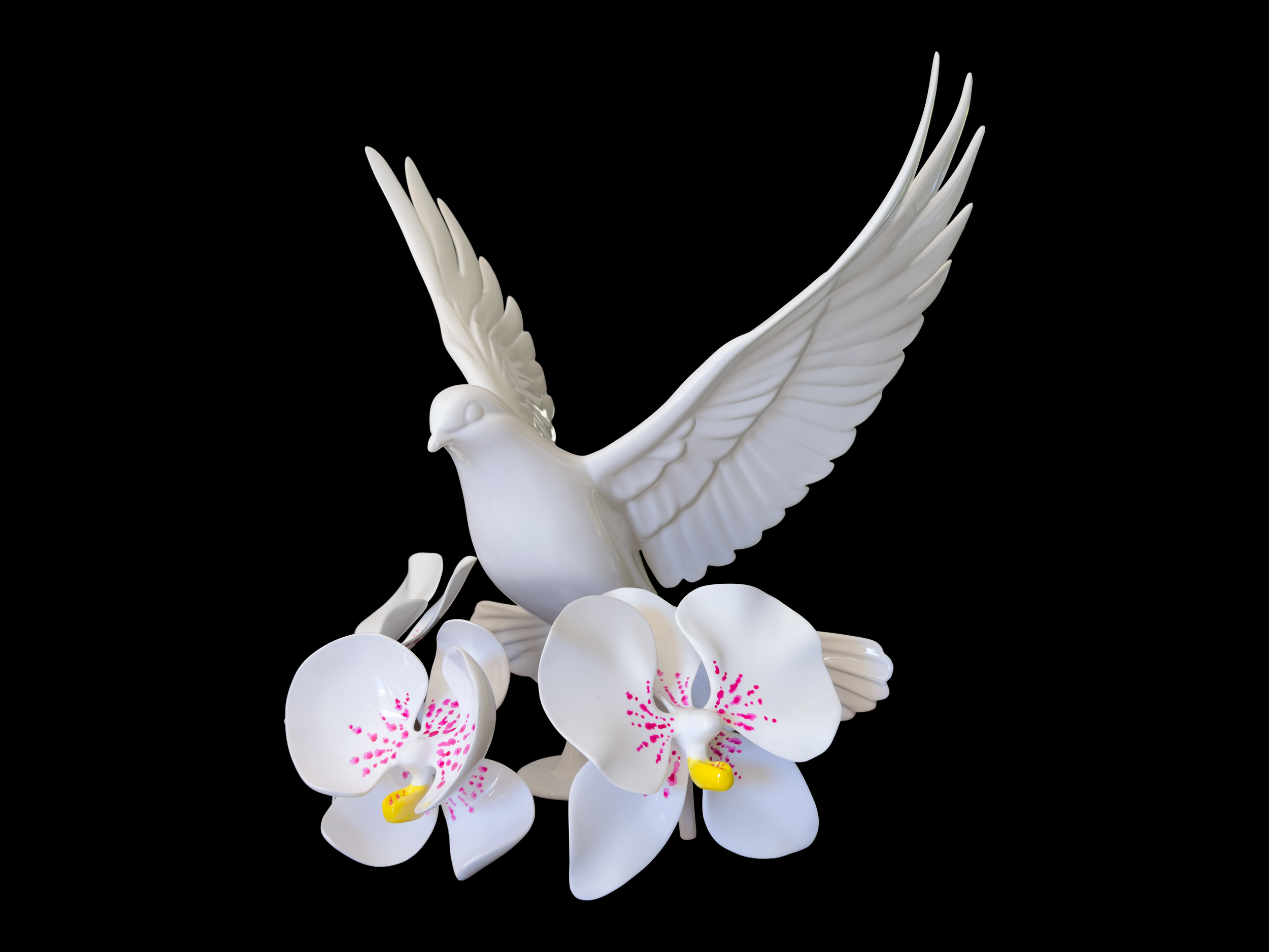 White artificial dove sculpture with spread wings, surrounded by white orchids with pink speckled centers and a yellow flower at the bottom, against a black background.