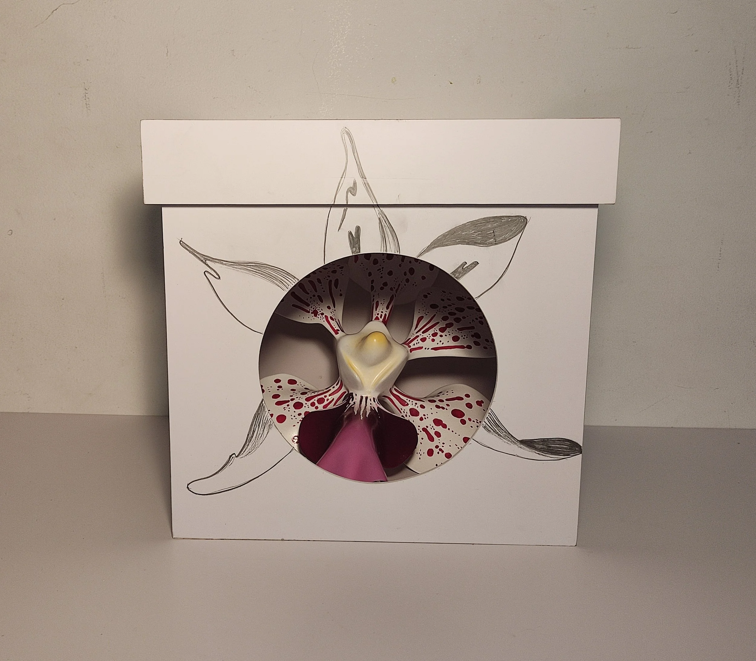 A floral drawing with a black and red flower in the center, partially covered by a pink object. The drawing is on a white background and appears to be part of a card or poster, with a round hole cut through the middle.