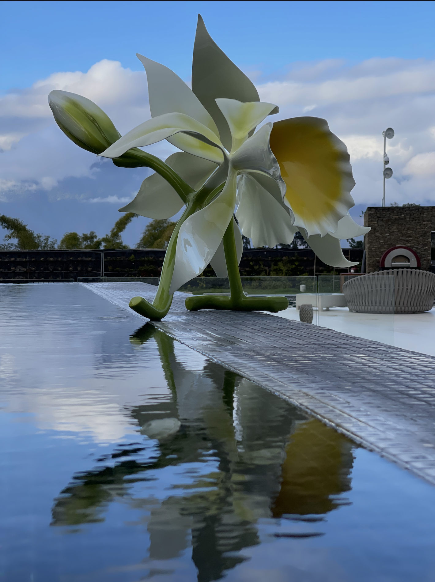 A decorative sculpture of white and yellow flowers with green leaves is outdoors. The sculpture is reflected in a water feature in the foreground. The background features a partly cloudy sky, trees, and part of a building with a brick wall and an ant