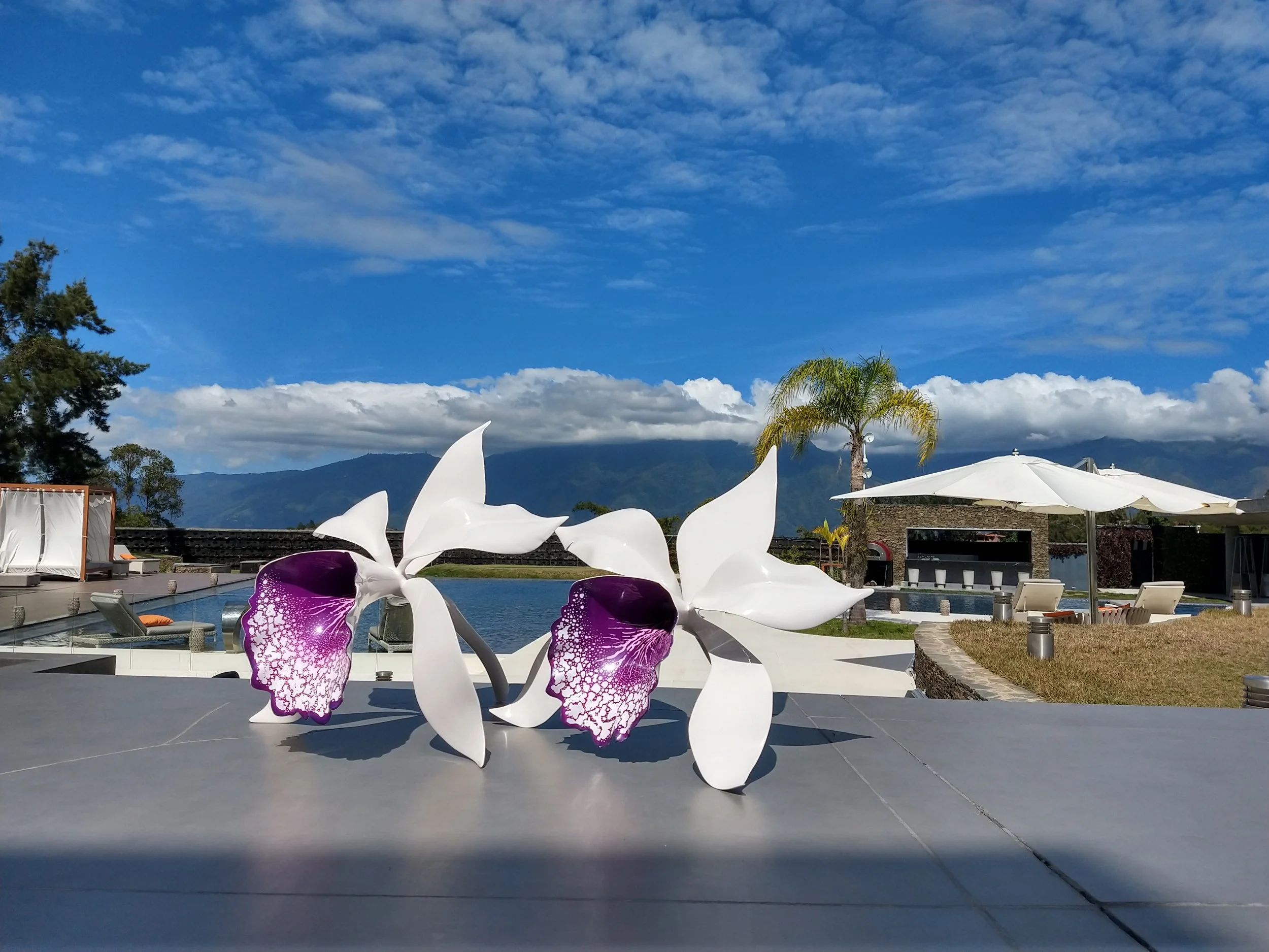 Outdoor poolside area with large white and purple orchid sculptures, a swimming pool, patio furniture, umbrellas, palm trees, and mountainous landscape in the background under partly cloudy sky.