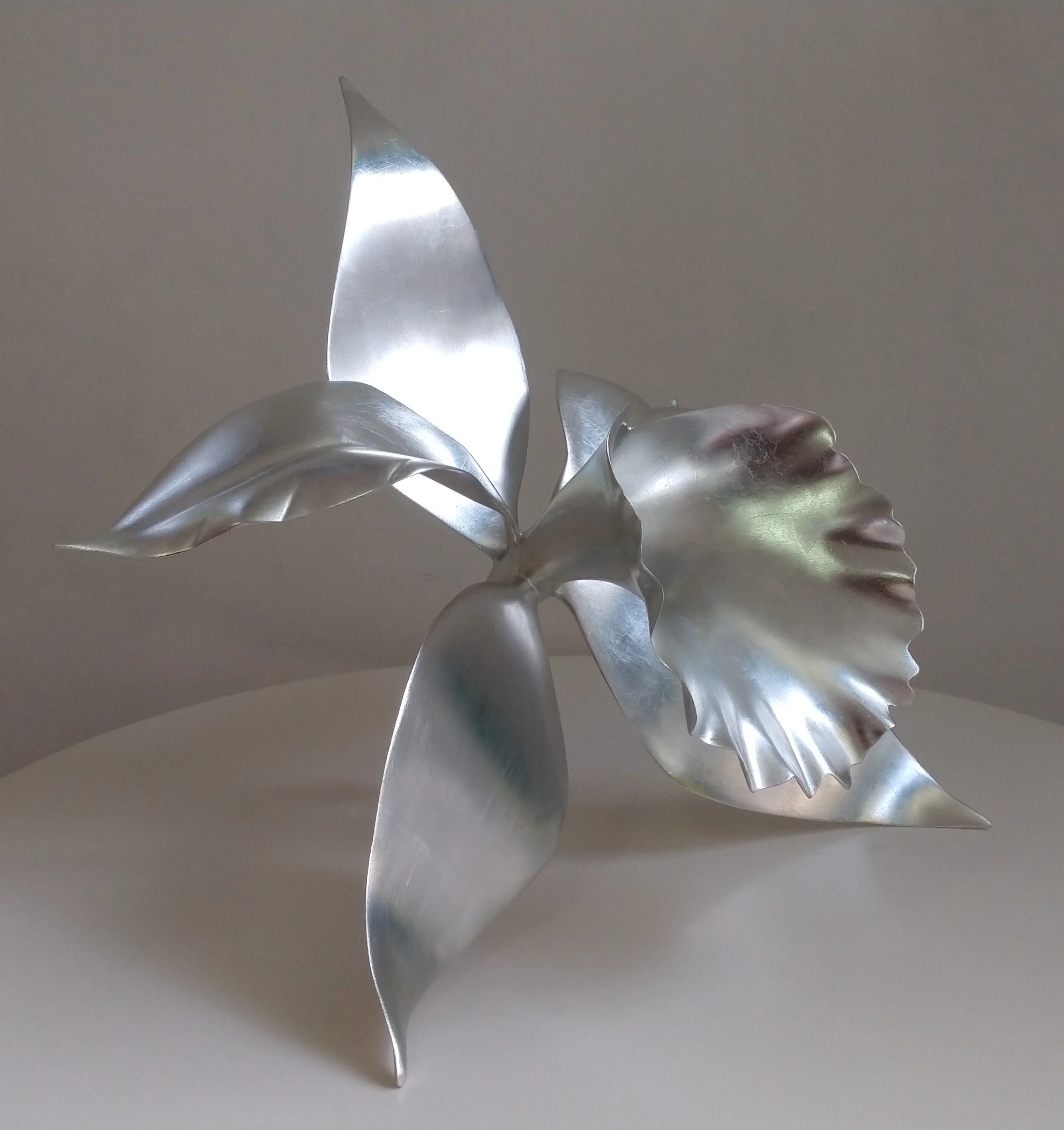 Close-up of a metallic flower sculpture with shiny, curving petals on a gray surface.