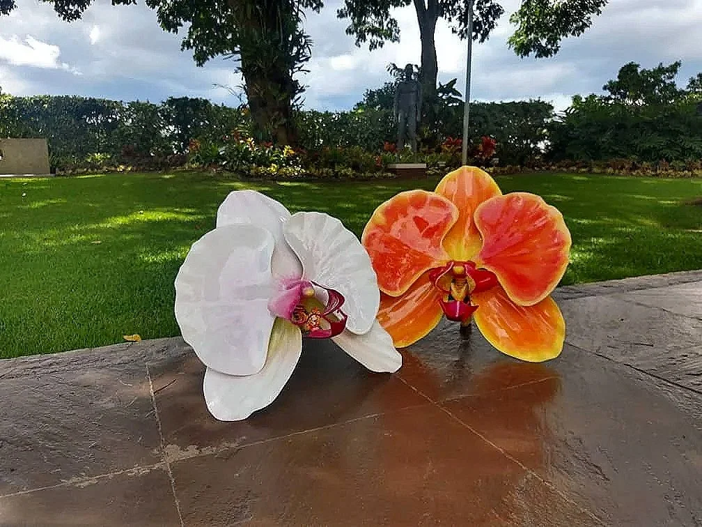 Two orchid flower sculptures, one white and one orange, placed on a surface outdoors with green grass, trees, and bushes in the background.