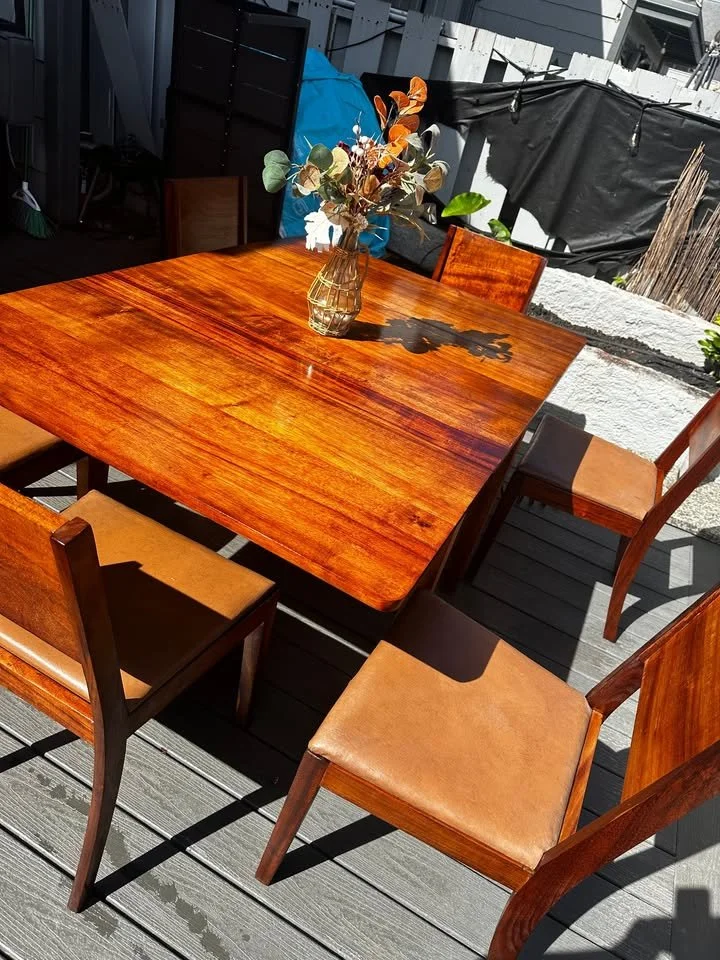 Mid-Century Modern Solid Hawaiian Curly Koa Dining Set — Table & 6 Matching Chairs