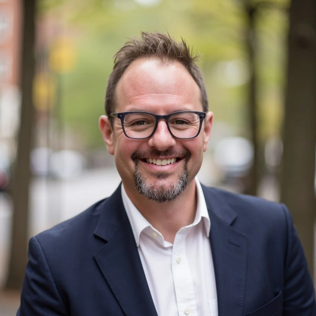 A smiling man with glasses, wearing a suit and white shirt, outdoors with trees and blurred buildings in the background.