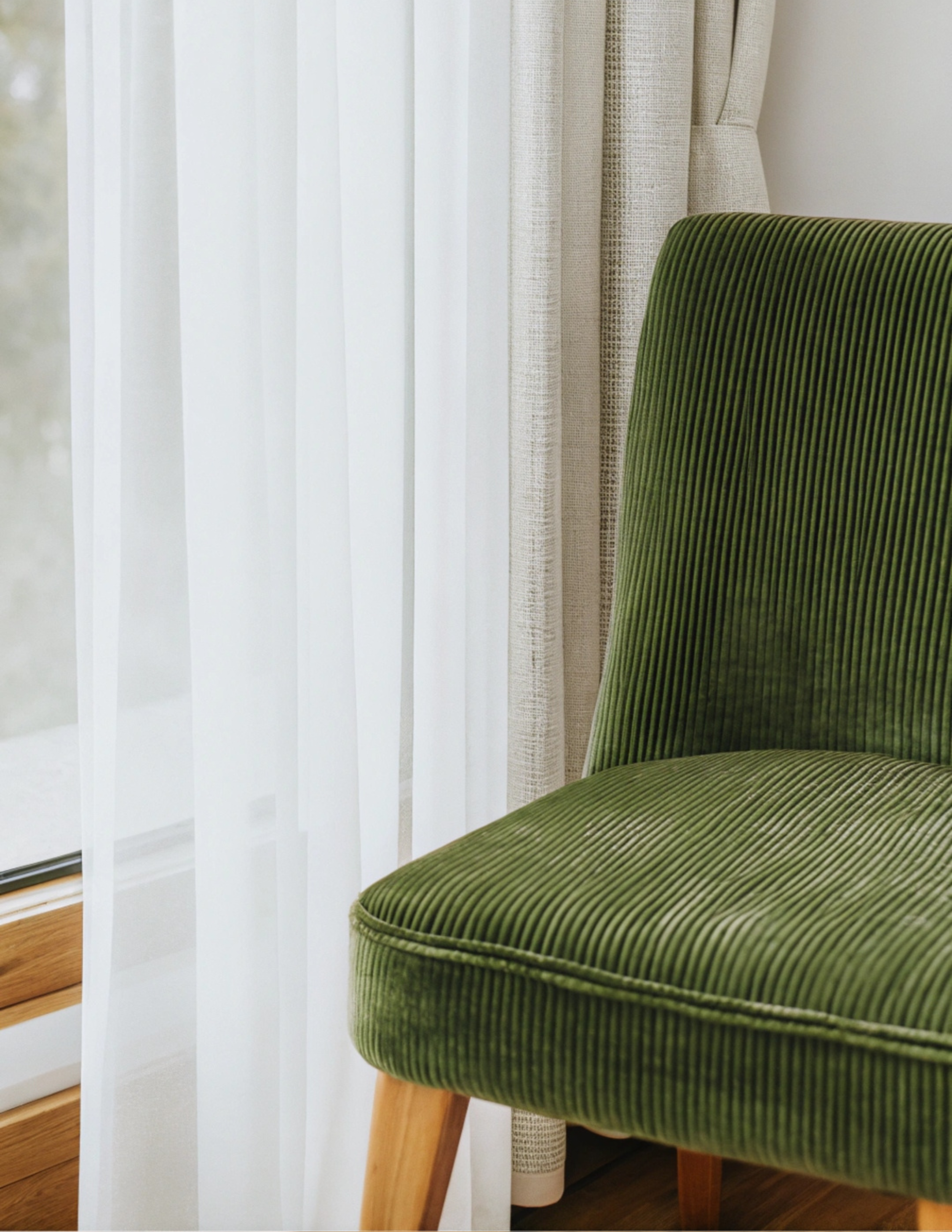 A green, upholstered chair next to a window with white curtains and a set of beige curtains, on a wooden floor.