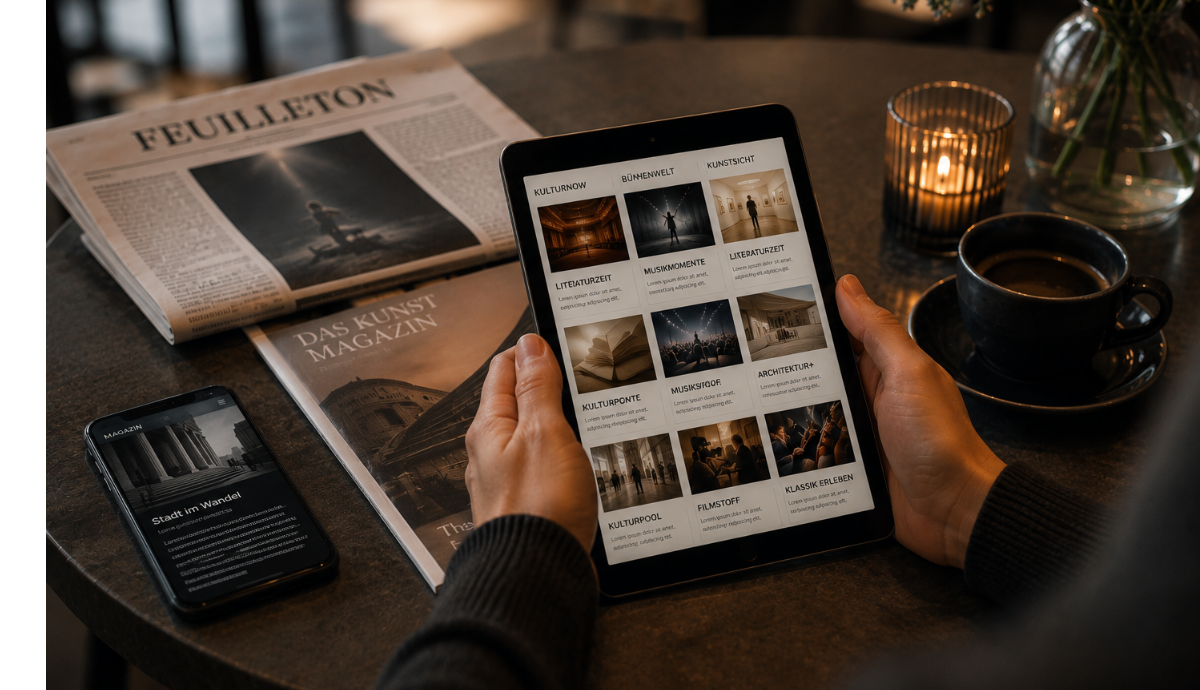 Zeigt Hände, die Tablet halten mit Zeitungen und Magazinen im Hintergrund