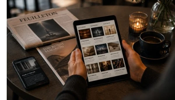 Zeigt, wie jemand ein Tablet hält. Suf dem Tisch darunter liegen Zeitungen und Magazine.