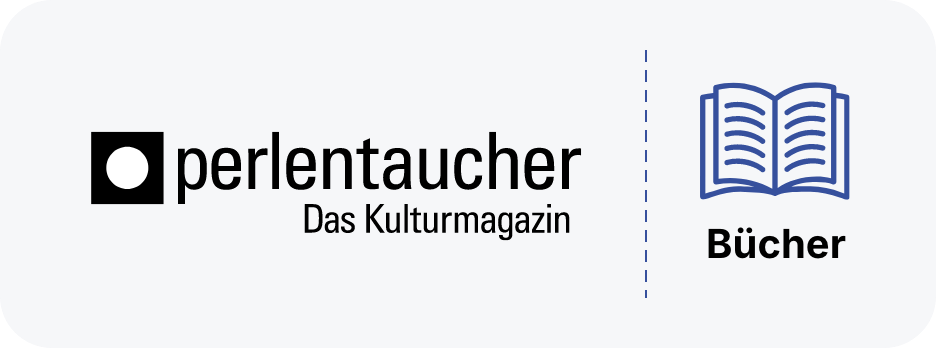 Zeigt das Logo von "perlentaucher" und eine Bücher-Illustration