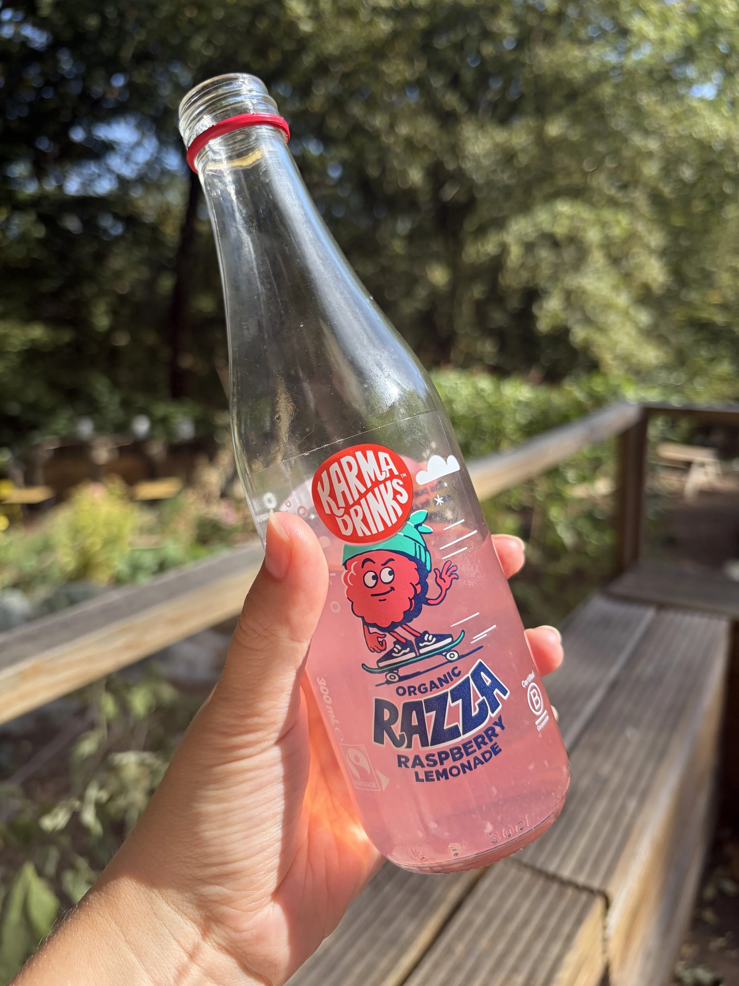 A person's hand holding a bottle of organic raspberry lemonade with a cartoon raspberry character on the label, outdoors on a wooden deck with trees in the background.
