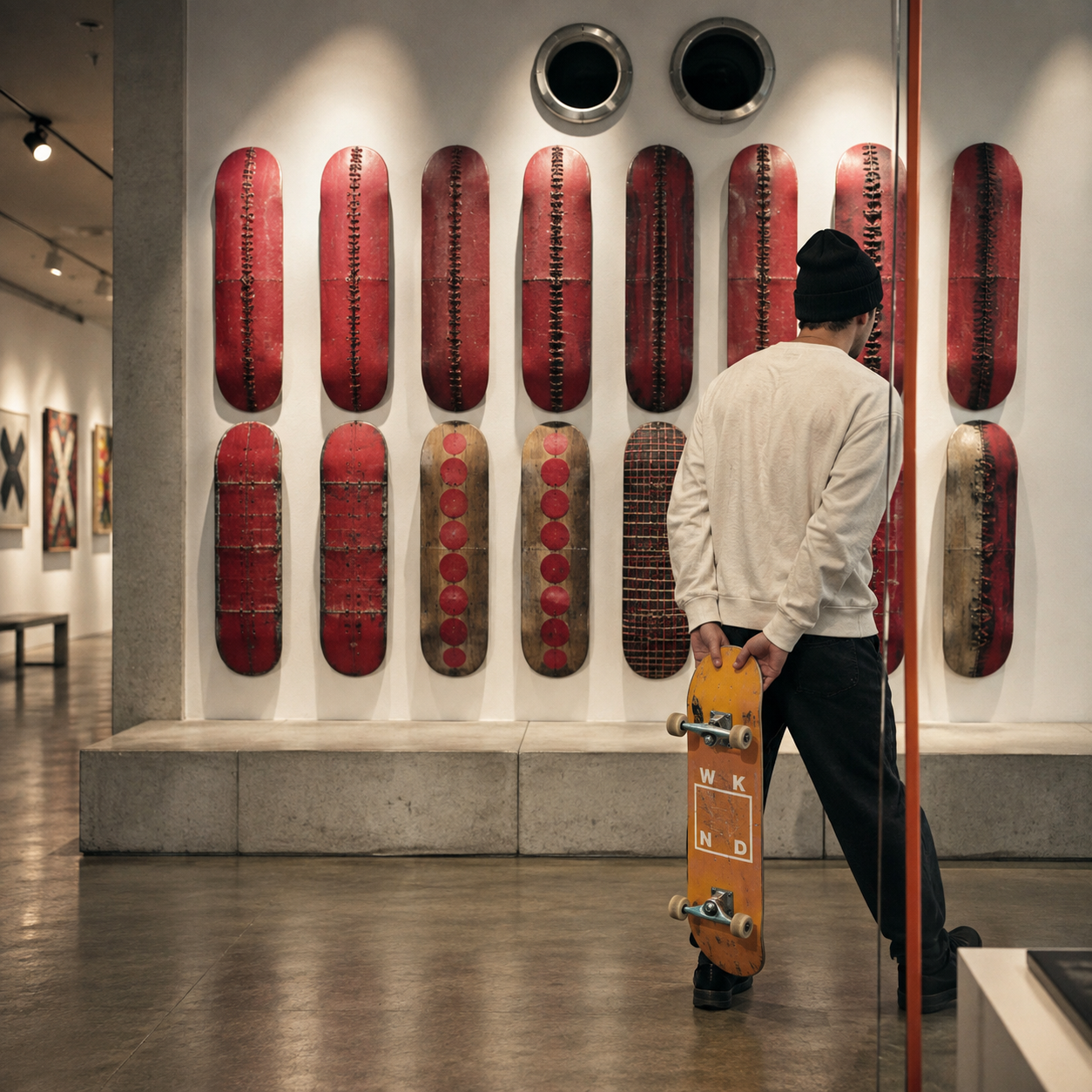 eorge Peterson looking at a wall-mounted skateboard art installation made from red and cream painted decks