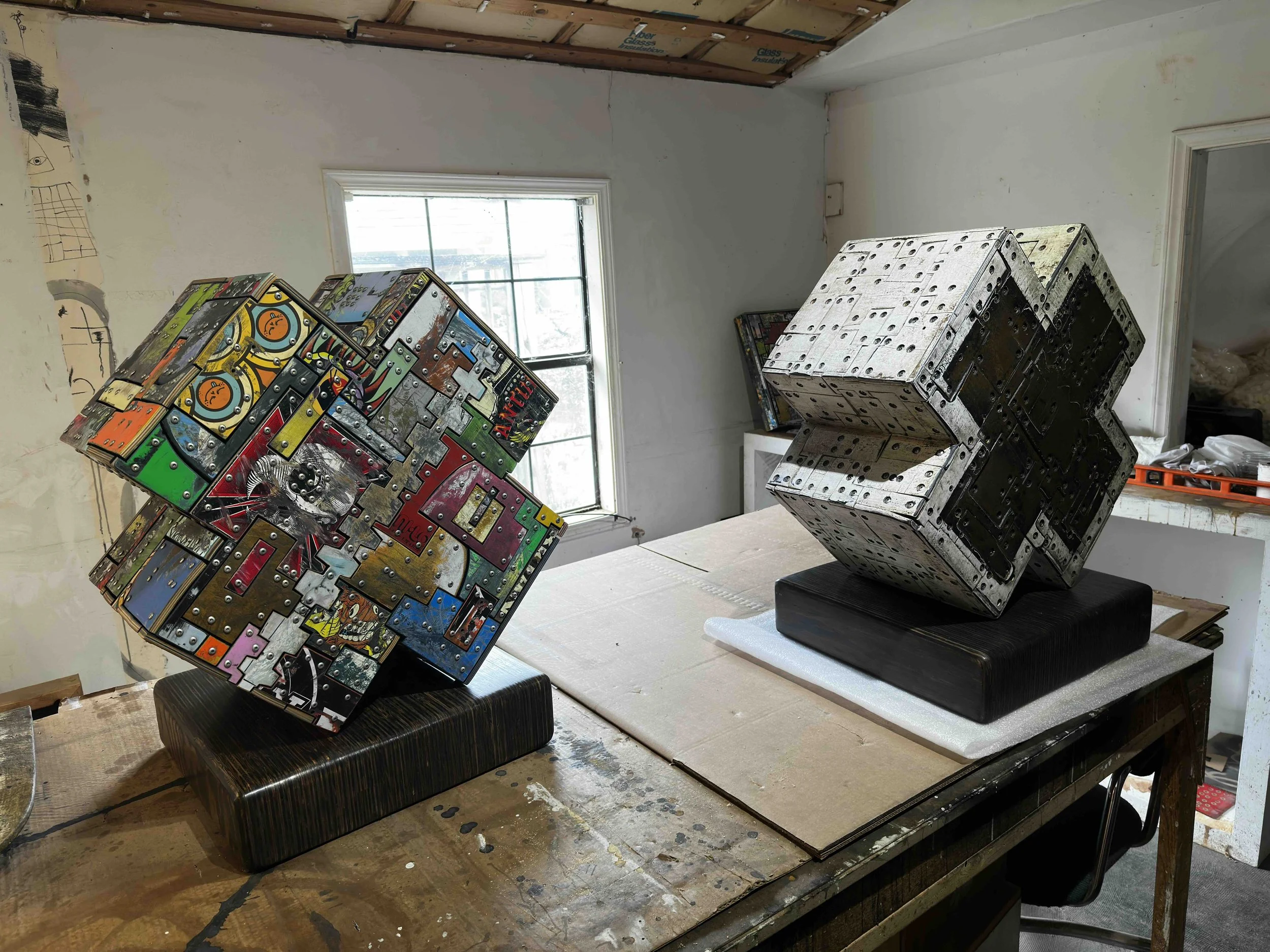 Recycled skateboard gallery art piece, one of a kind, Circle Factory studio.
