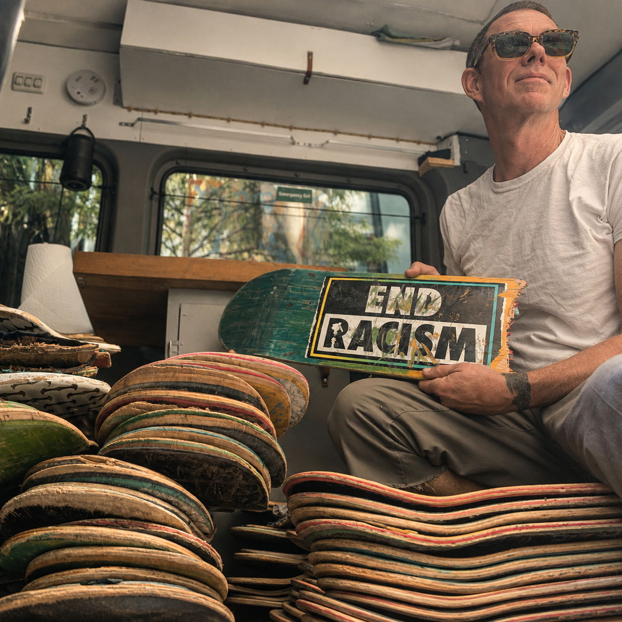 George Peterson holding a skateboard deck reading END RACISM, surrounded by a stack of reclaimed decks