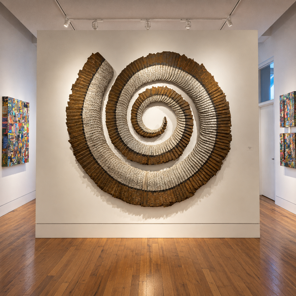 Large spiral wood sculpture by George Peterson installed on a gallery wall