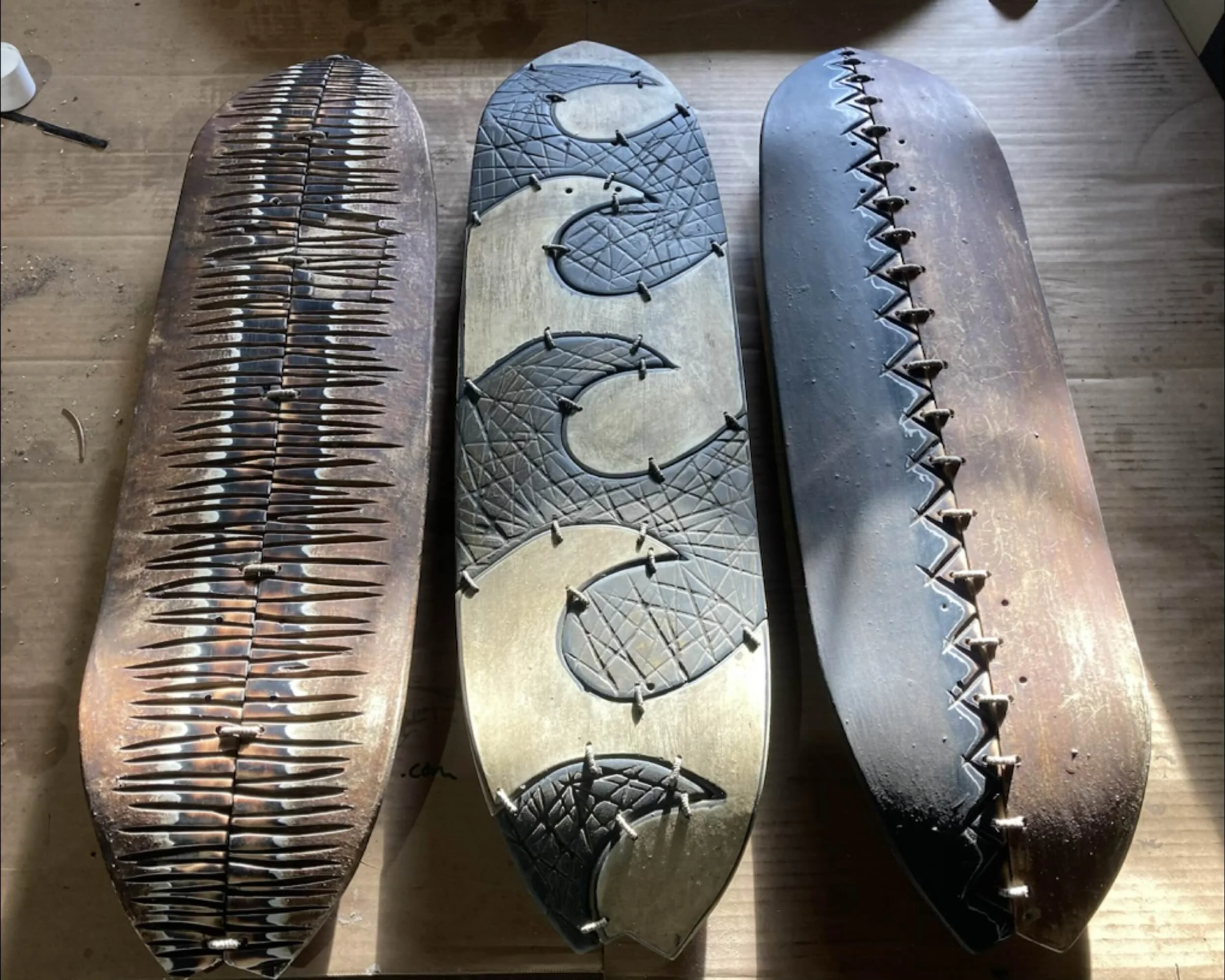 Recycled skateboard art piece, one of a kind, Circle Factory studio.
