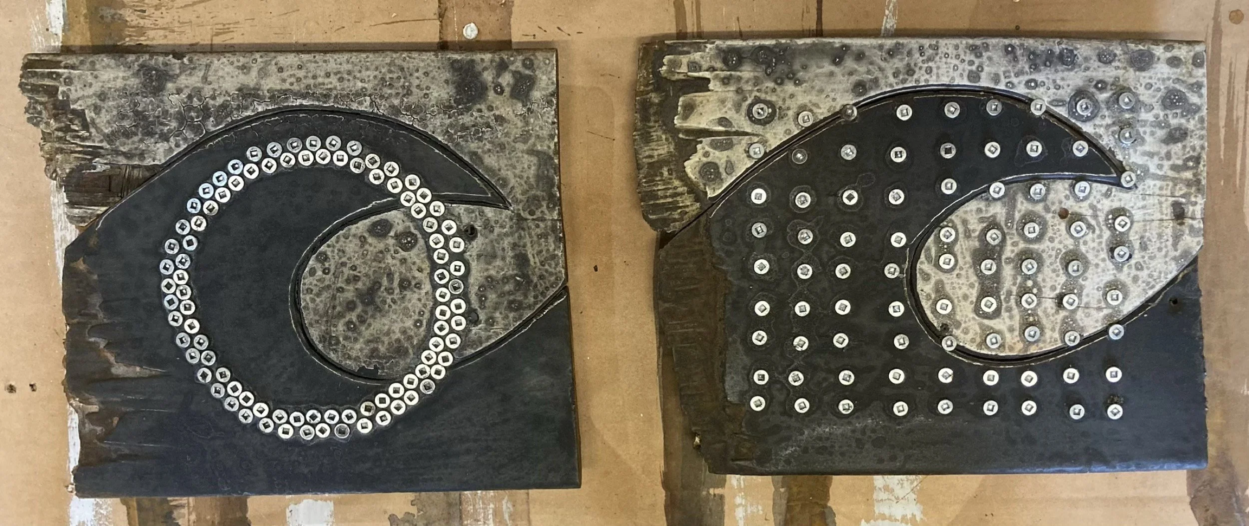 Mixed-media wall panel built from used skateboard decks and reclaimed wood.