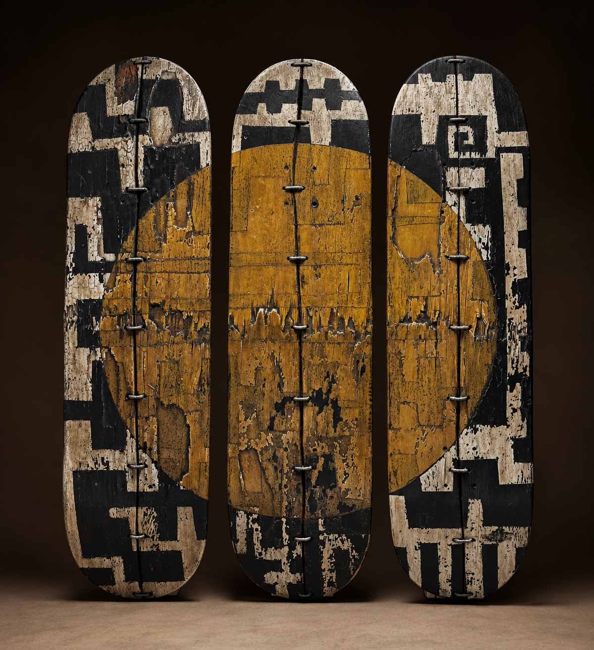 Three skateboard deck artworks with black and white geometric patterns and a yellow circle motif
