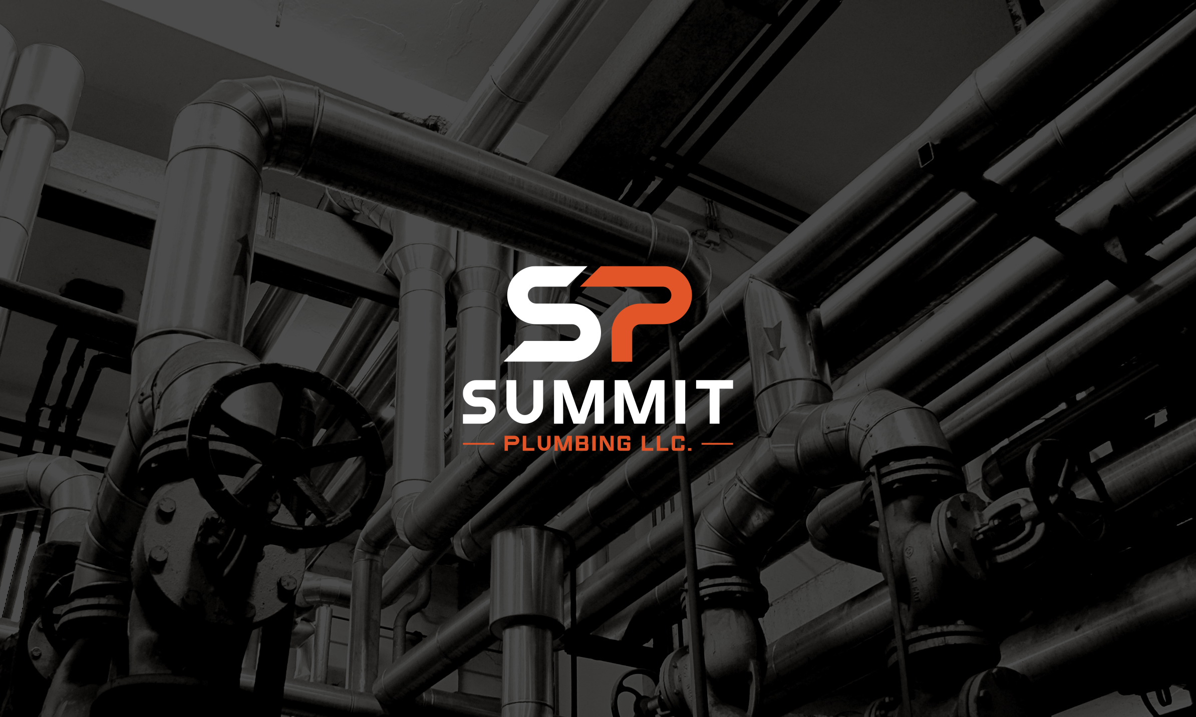Industrial pipes and valves with Summit Plumbing LLC logo in the foreground.
