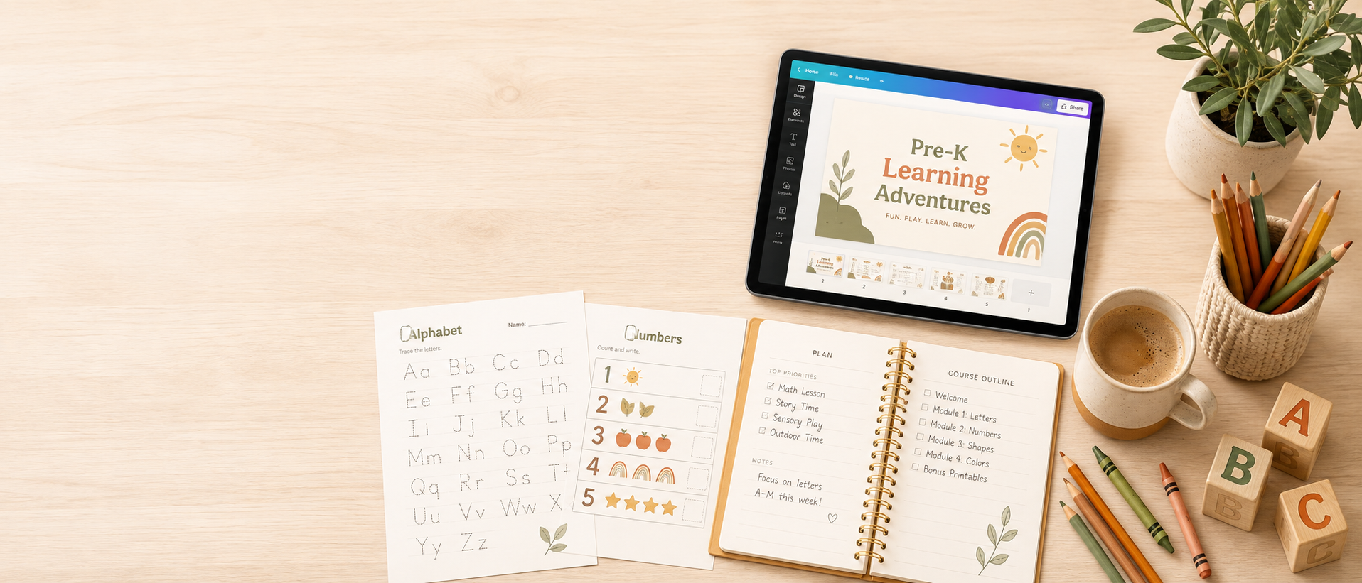 A tablet displaying a children's educational presentation titled 'Pre-K Learning Adventures' on a wooden desk surrounded by learning materials, including alphabet and number worksheets, a notebook with a course outline, colored pencils in a woven holder, a cup of coffee, and wooden alphabet blocks.