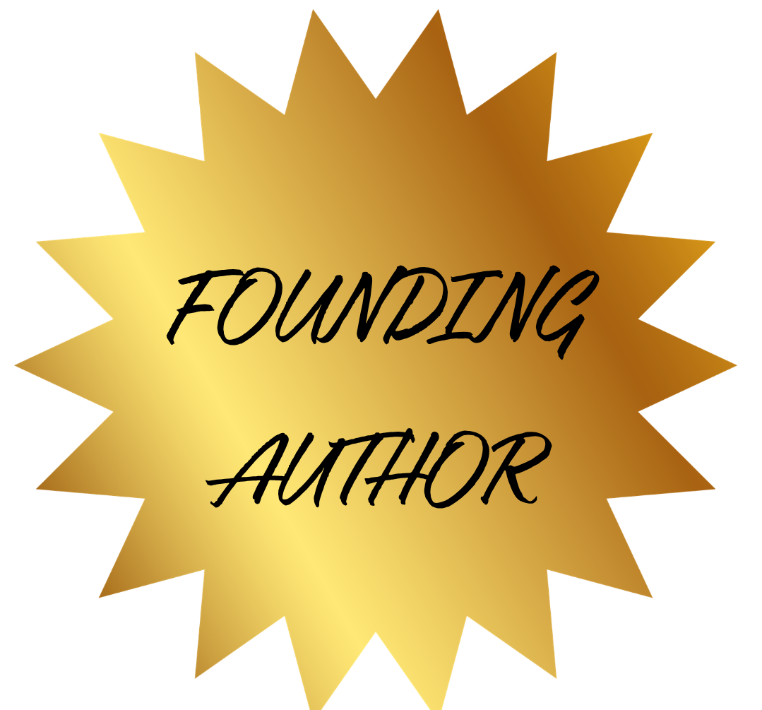 Gold starburst with black cursive text that says "Founding Author"