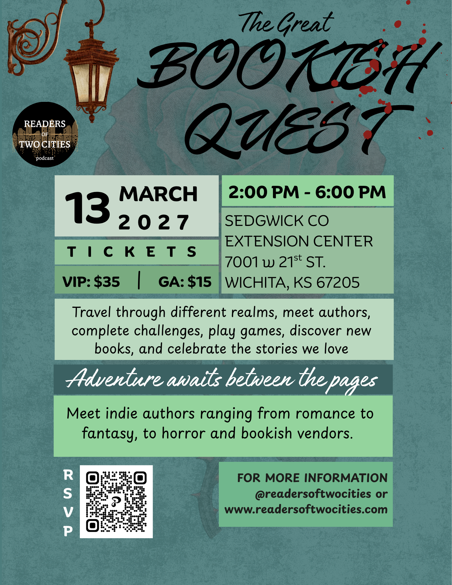 Event poster for 'The Great Bookish Quest,' a reading event on March 13, 2027, from 2:00 PM to 6:00 PM at Sedgwick County Extension Center in Wichita, Kansas. Features illustrations of a street lamp and a dragon, with details about tickets, prices, and activities like meeting authors, discovering books, and celebrating stories.