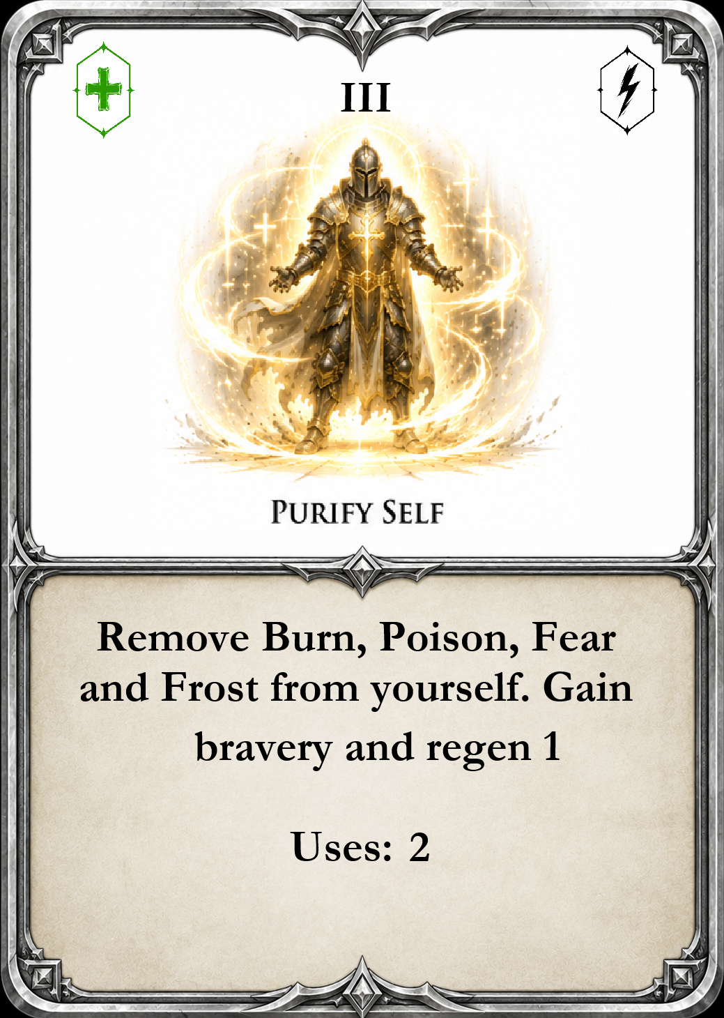 A fantasy-style card titled 'Purify Self' with a glowing armored knight surrounded by golden sparkles, and icons indicating healing and lightning in the top corners.