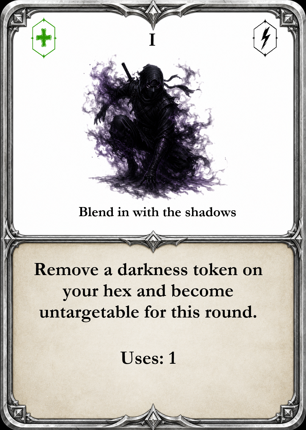 A fantasy card featuring a shadowy ninja figure crouching, with swirling dark smoke around him. The card includes symbols in the top corners and text at the bottom indicating a game effect.