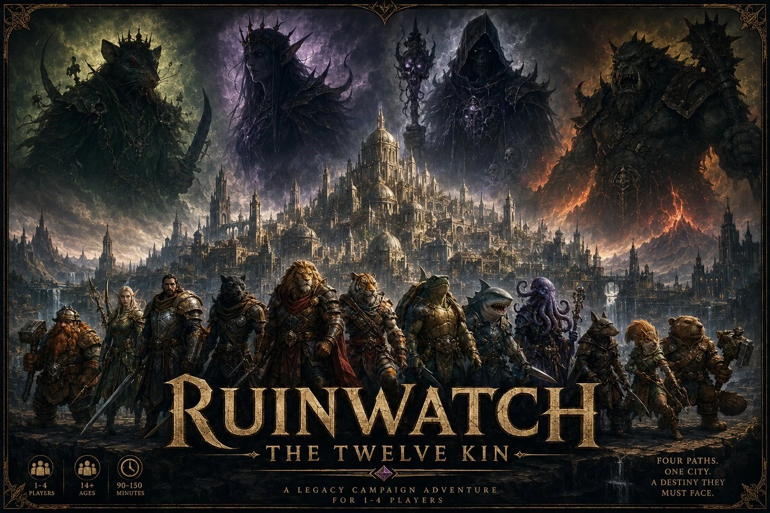 Cover art for Ruinwatch: The Twelve Kin board game, showing a fantasy city with a group of diverse fantasy characters in armor, large mythical creatures, and a dark ominous sky with giant shadowy figures.