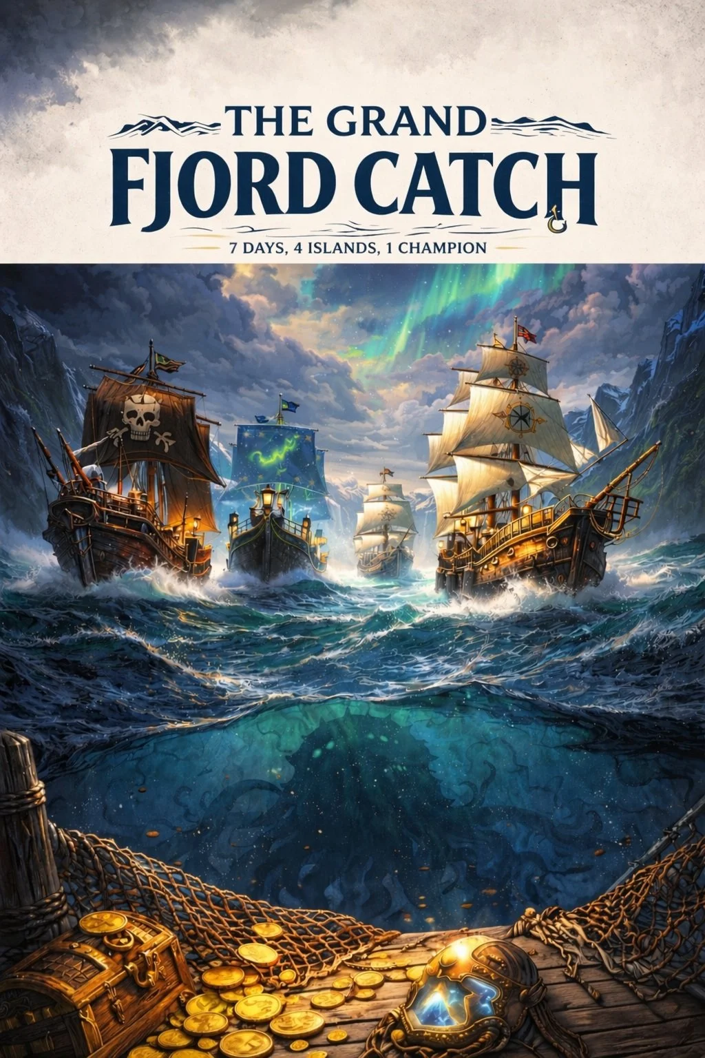 Illustration of pirate ships sailing on ocean waters with mountains in the background and the northern lights in the sky. The foreground shows a pirate treasure chest filled with gold coins and a pirate helmet.