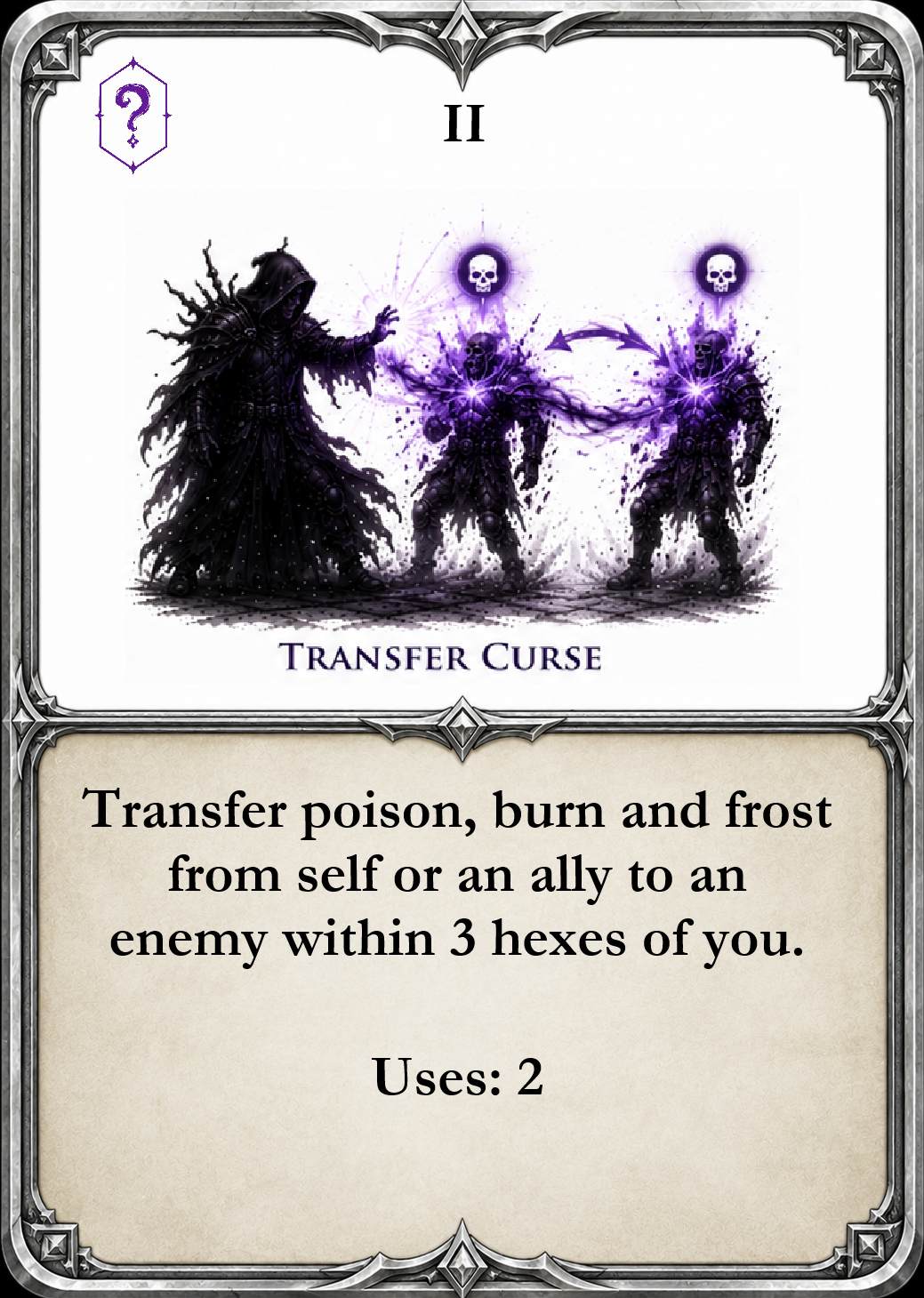 A fantasy-style card titled 'Transfer Curse' depicting a dark sorcerer casting a spell on two armored figures with skull icons above their heads, with purple and black magical effects.