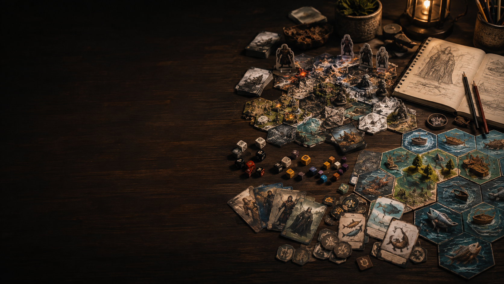 A tabletop role-playing game setup with hexagonal tiles, miniatures, cards, and tokens on a wooden surface. An open sketchbook with drawings, a lantern, and writing utensils are also visible.
