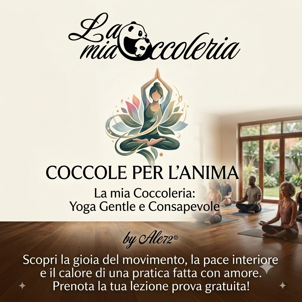 Un volantino pubblicitario per un corso di yoga intitolato "Coccole per l'anima" presso La mia Coc. La grafica mostra una donna che pratica yoga con un design di foglie e petali intorno. L'ambiente è una sala di yoga con grandi finestre che affacciano su un giardino. Testo che invita a scoprire i benefici del movimento e prenotare una lezione gratuita.