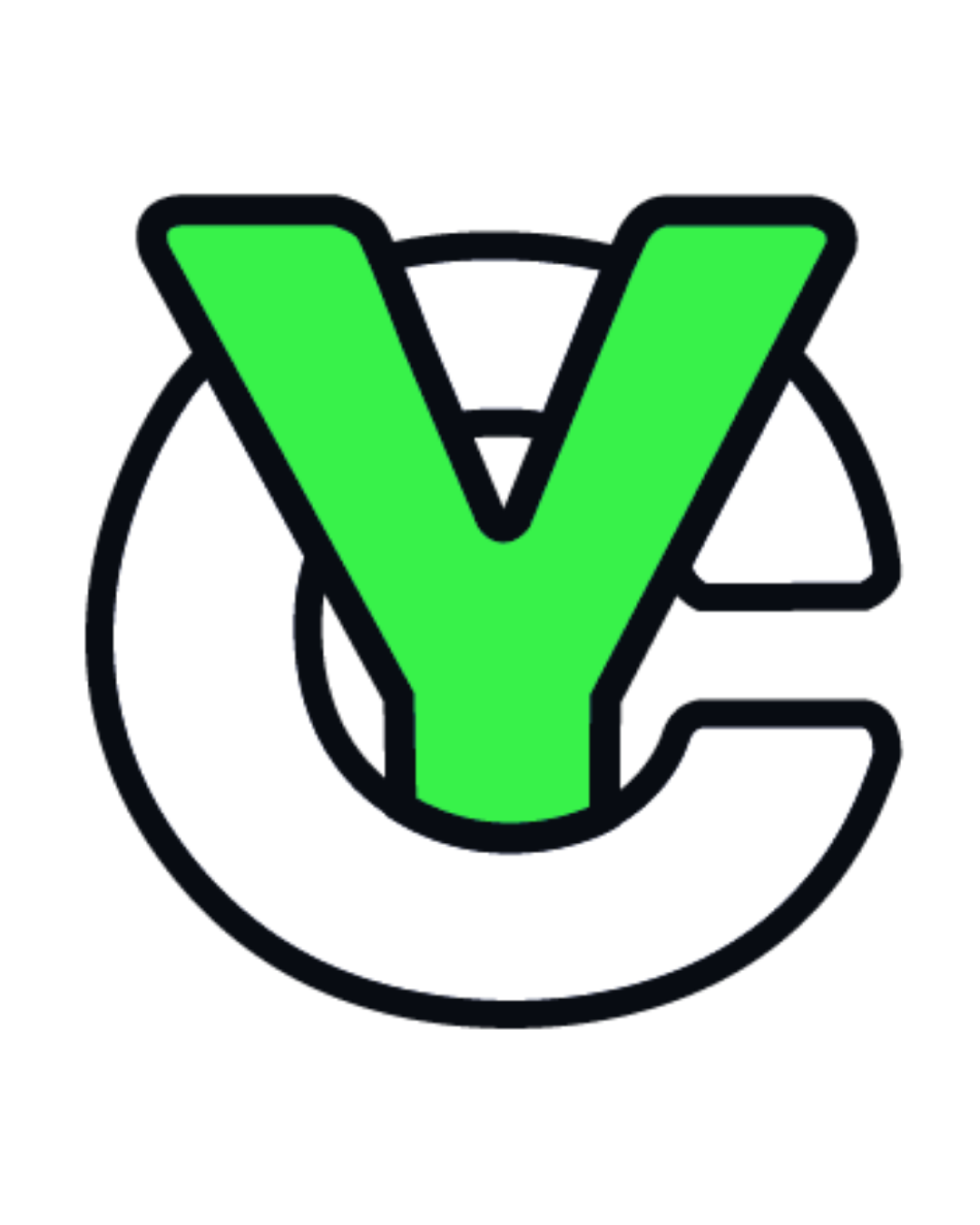 A graphic logo featuring a large green letter 'Y' overlaid on a stylized white circular shape with black outlines.