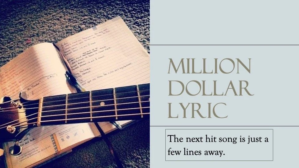 Open notebook with handwritten notes, an acoustic guitar, and a pen on a carpet, with a text overlay reading 'Million Dollar Lyric' and 'The next hit song is just a few lines away.'