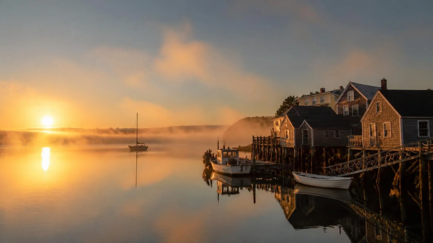 Sunrise over a calm harbor with boats and weathered houses on stilts along the shoreline, with mist rising from the water.