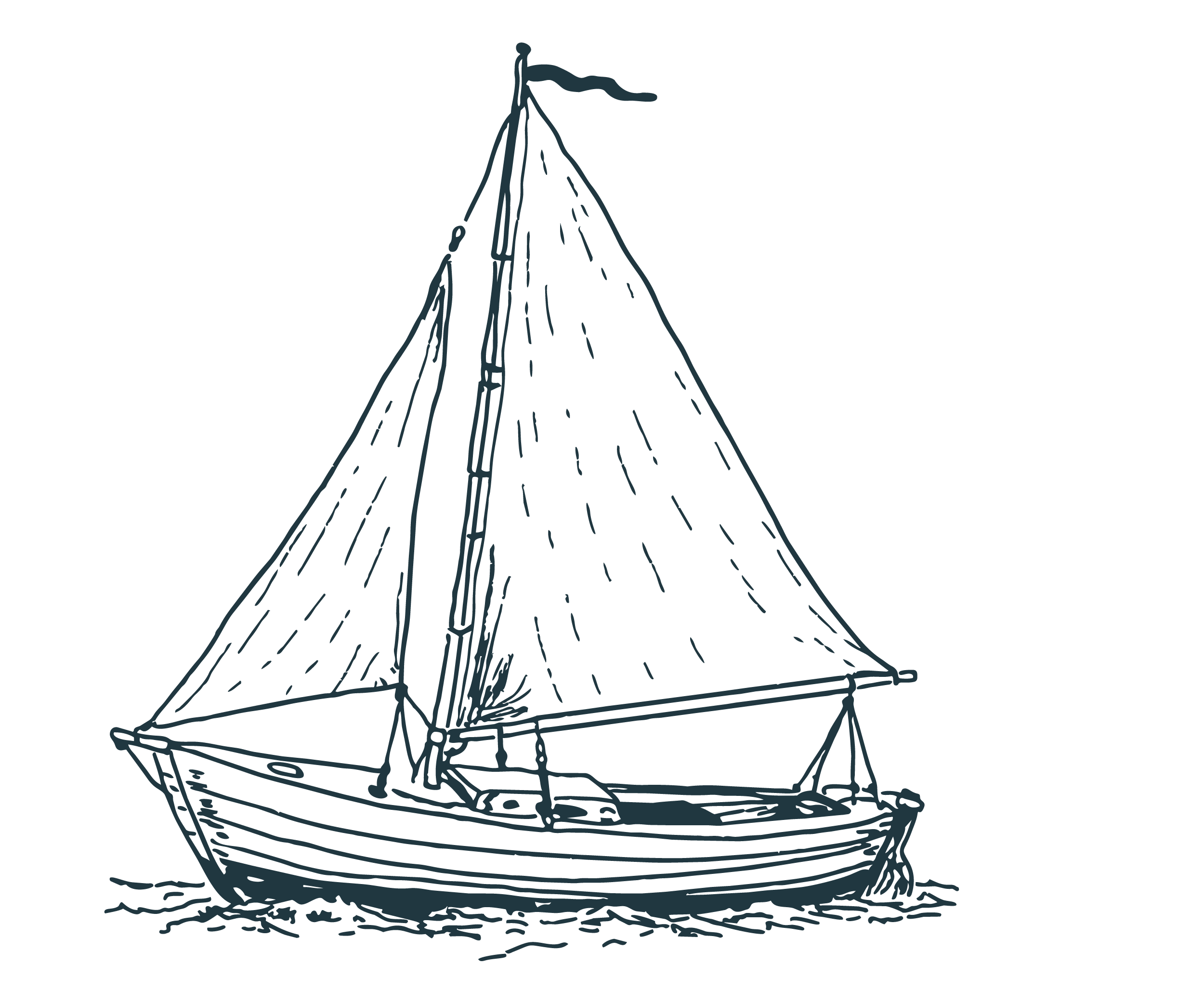 Line drawing of a fishing boat with a sail and a flag, positioned on water.