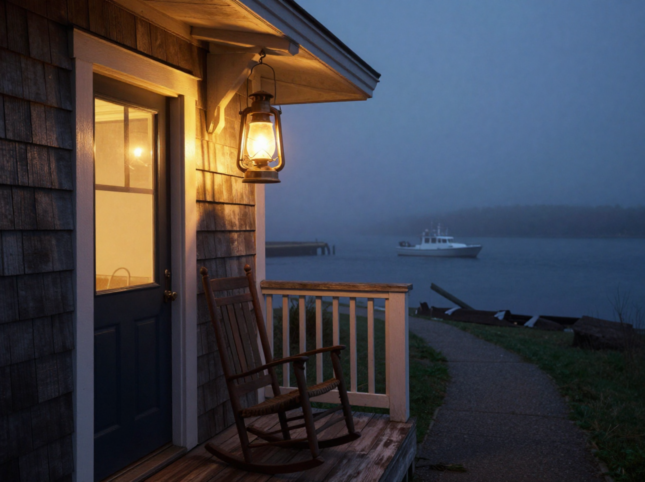 A wooden house with a lit lantern hanging outside next to a window, overlooking a boat on water during dusk or early evening.