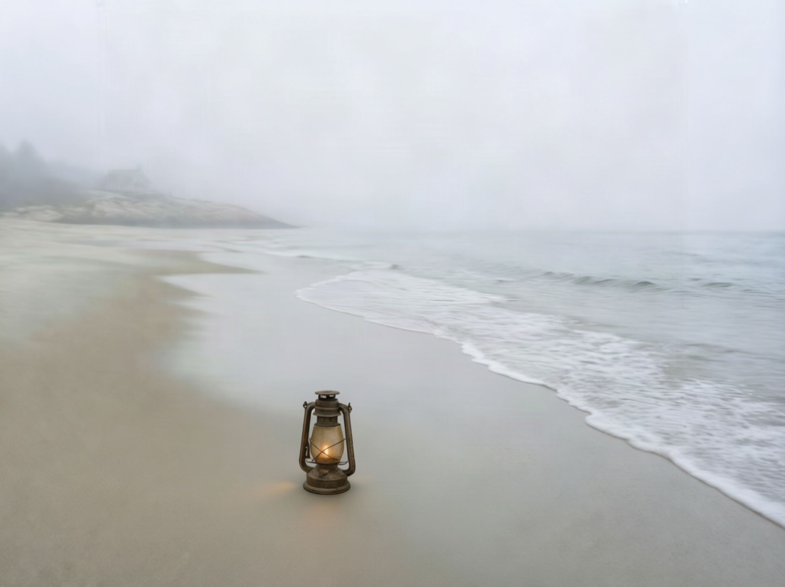 A foggy beach with a lighthouse and house visible in the distance, and an old lantern placed in the sand in the foreground.