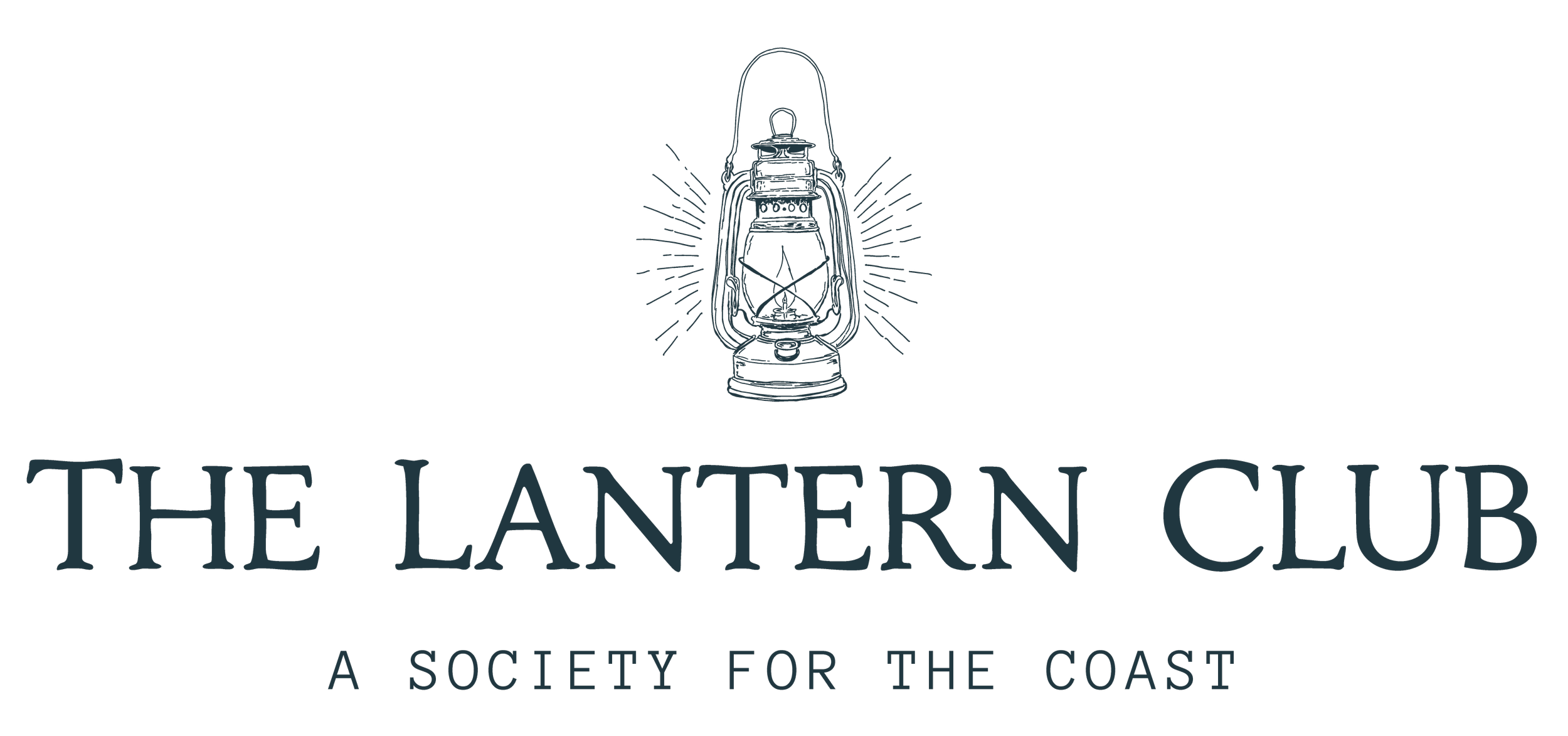 Logo for The Lantern Club, a society for the coast, featuring a vintage lantern illustration and dark blue text on a black background.
