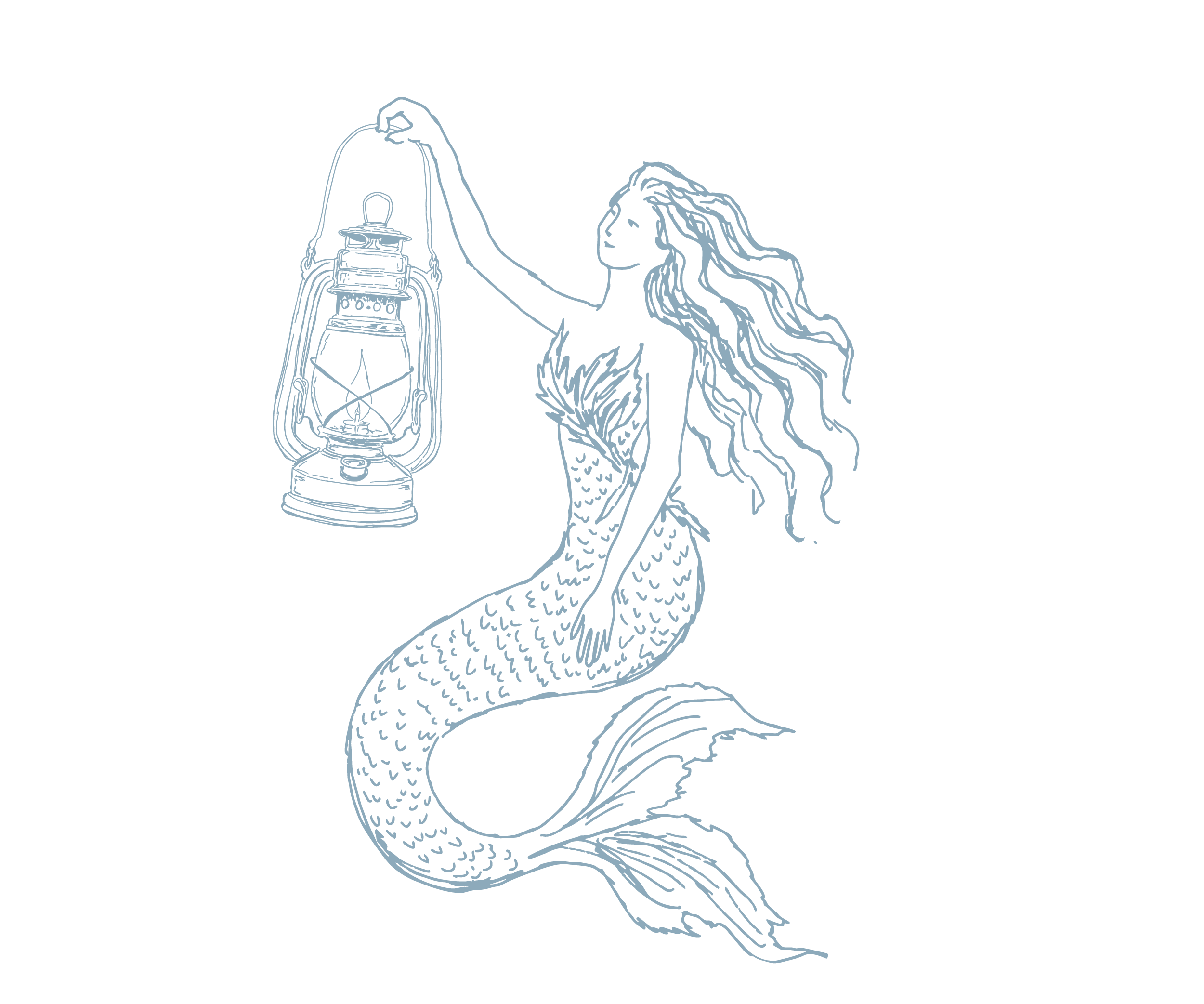 Line drawing of a mermaid with long, wavy hair holding a lantern.