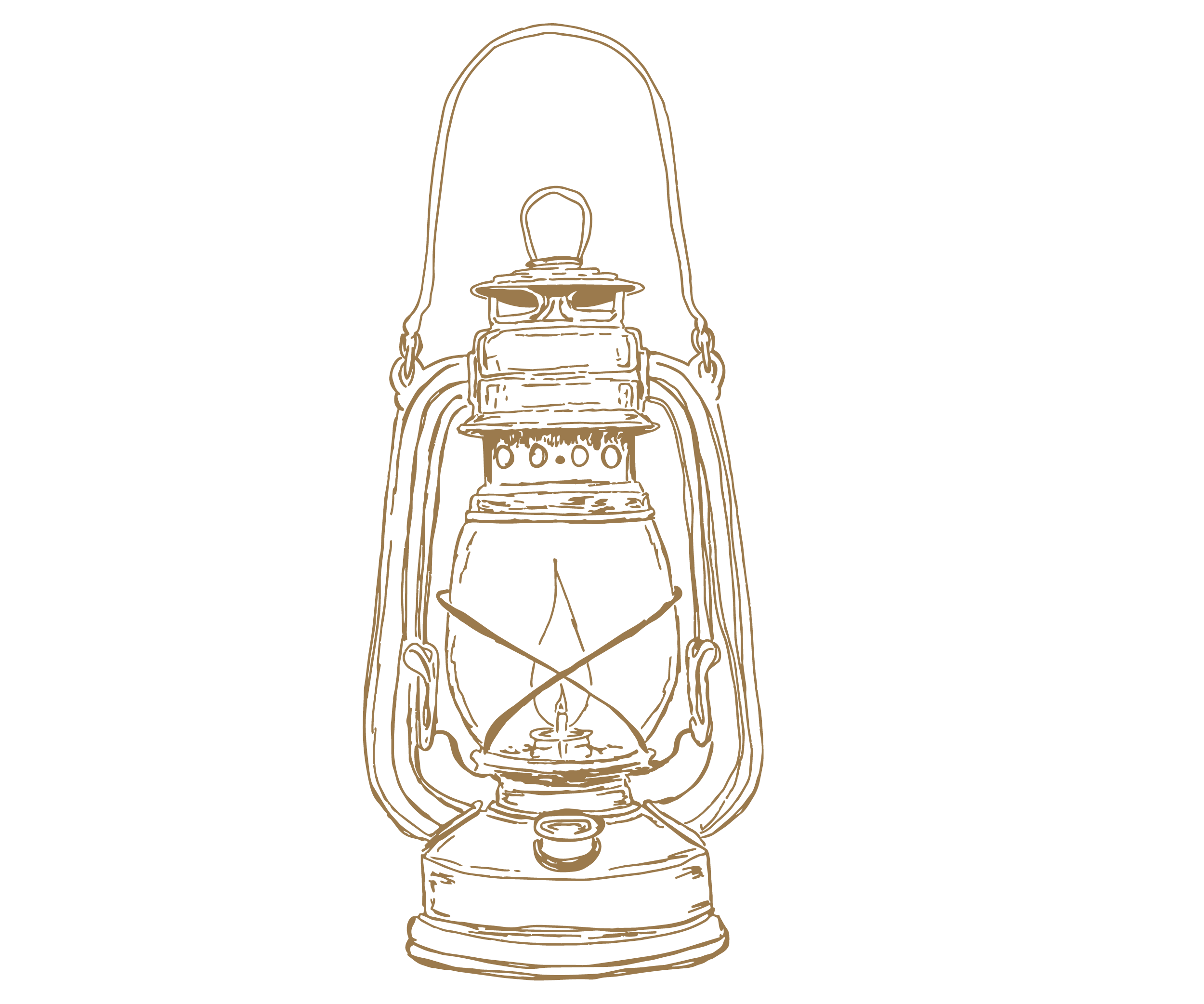 Line drawing of an antique oil lantern on a black background.