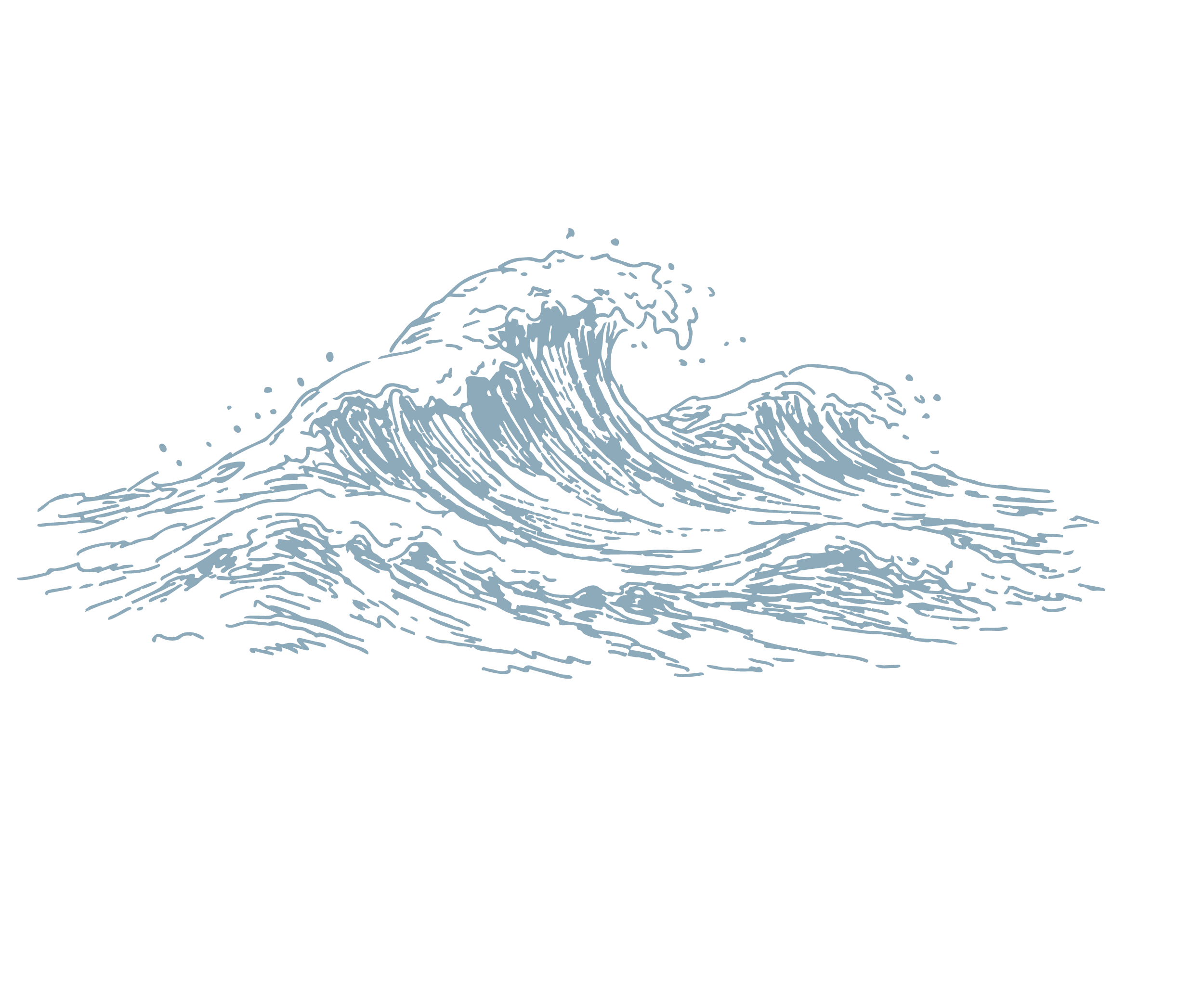 Drawing of ocean waves in light blue on a black background.