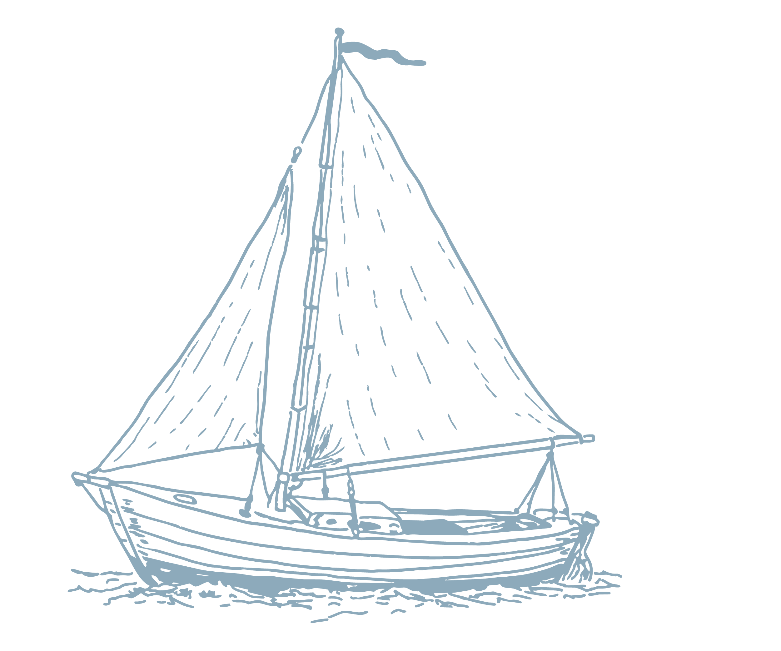 Line drawing of a seaside beach scene with a large umbrella, a small boat, and a shark fin in the water, set against a black background.