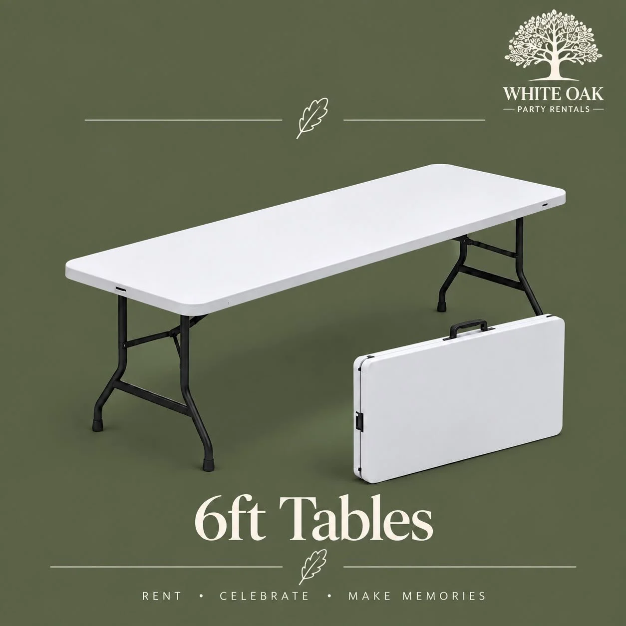 6ft Folding Tables Available for Rent! 

Request a quote at whiteoakpartyrentals.com