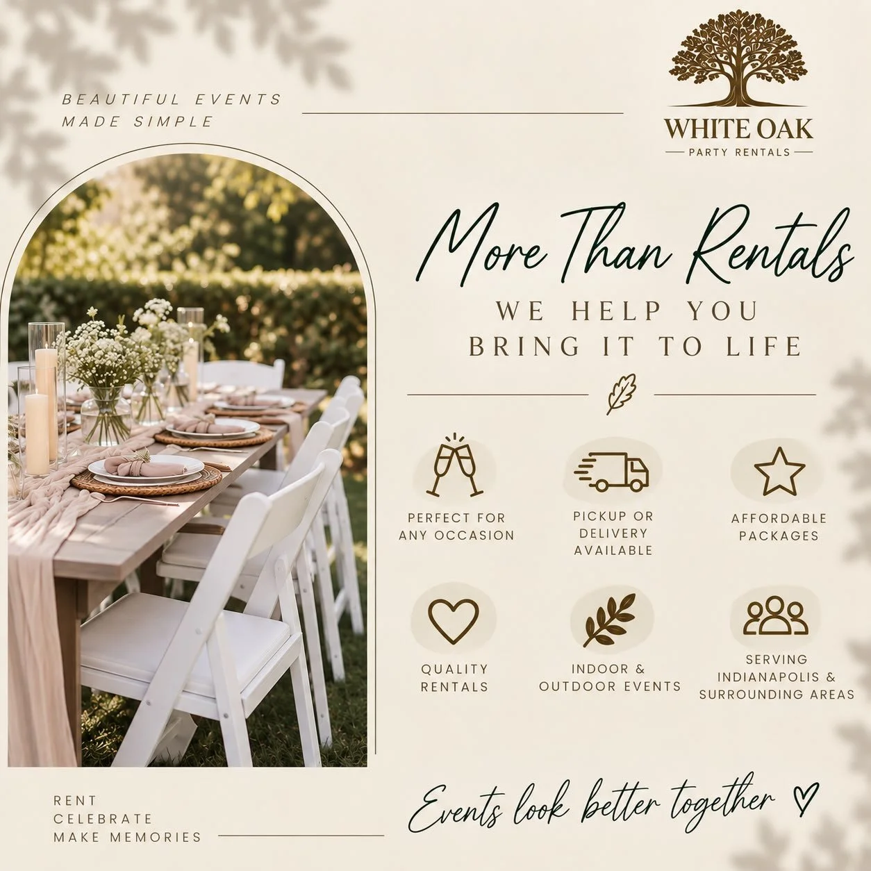 We would love to be a small part of your special event! 

Request a Quote at whiteoakpartyrentals.com
Call- (407)-620-7426
Email- whiteoakpartyrentals@gmail.com