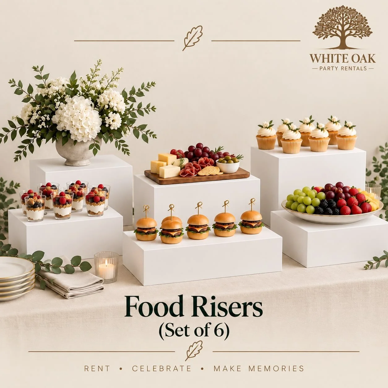 Dress up your buffet table with our food risers! 

Reserve your event date - whiteoakpartyrentals.com
Email us- whiteoakpartyrentals@gmail.com
Text or call- (407) 620-7426

#WhiteOakPartyRentals #IndianapolisPartyRentals #IndyEvents #PartyRentals #In