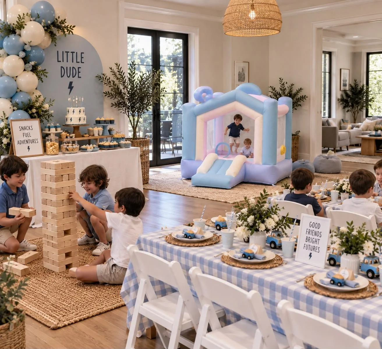 Children playing with oversized Jenga blocks on a jute rug at a birthday party in a decorated indoor space. There is a table with party favors, food, and decorations, including a cake with candles, and balloons in blue and white. The room has large windows letting in natural light, with potted plants and comfortable seating in the background.