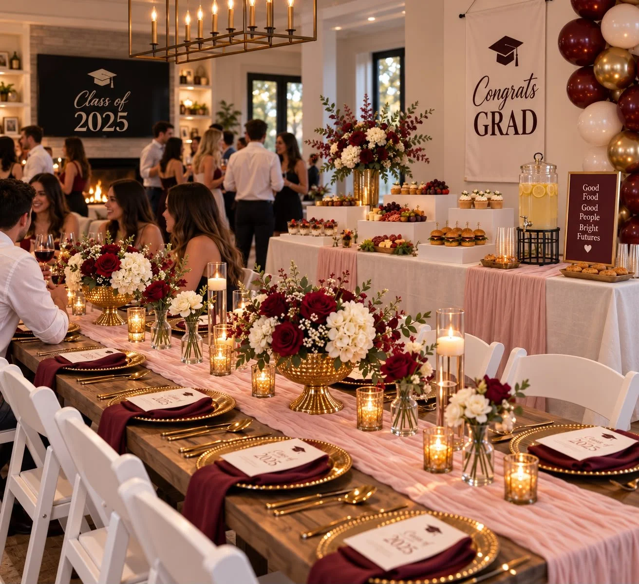 A decorated banquet hall celebrating a graduation in 2025 with a long table set with burgundy and white floral arrangements, candles, gold accents, and place settings. In the background, there are guests, a large screen with "Class of 2025" and "Congrats Grad" signs, and a refreshment table with cupcakes, fruit, and lemonade.