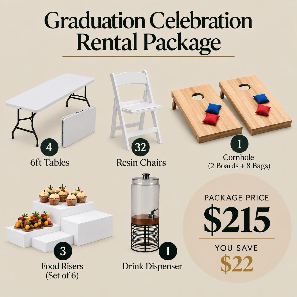 Image showing furniture and items for a graduation celebration rental package, including four 6-foot tables, thirty-two resin chairs, two cornhole boards with bags, six food risers with cupcakes and fruit, and one drink dispenser, with a package price of $215 and a savings of $22.