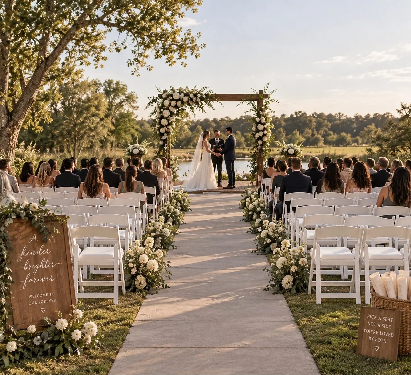 Outdoor wedding ceremony by a lake with guests seated on white chairs, a decorated arch with white flowers, and a couple exchanging vows at sunset.
